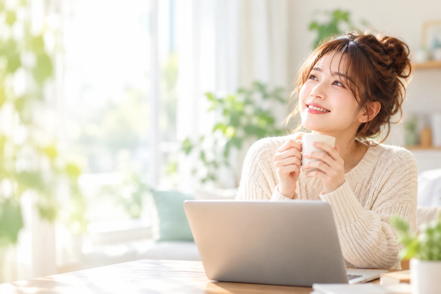 窓辺でマグカップを持って微笑む女性
